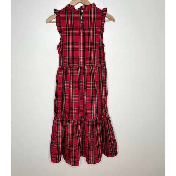 J. Crew Factory Tiered Midi Dress 2 Red Plaid Ruffle Neck Pockets Cotton Holiday - Picture 10 of 12